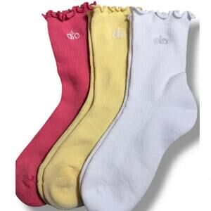 Alo Yoga Lettuce Edge Crew Socks 3 Pack Women's Size S White Yellow Red NWOT